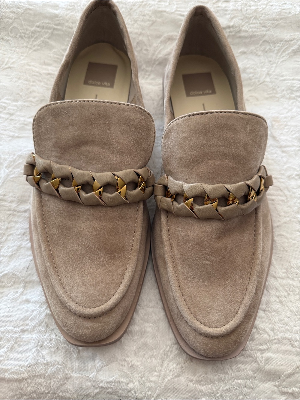 Dolce Vita Taupe Suede Loafers with Braided Gold Chain
